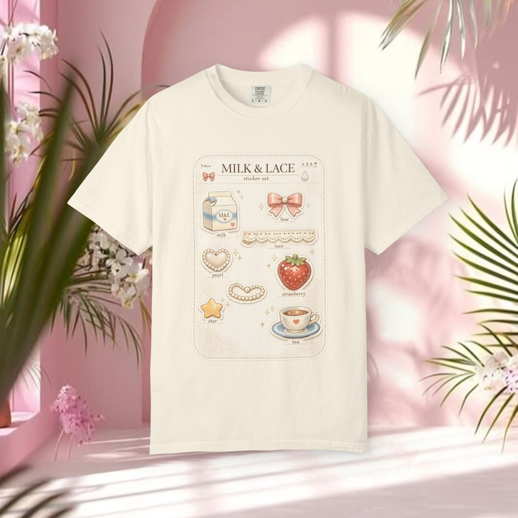 Milk & Lace Cute Pastel Sticker Tee — Strawberry Tea Graphic T-Shirt