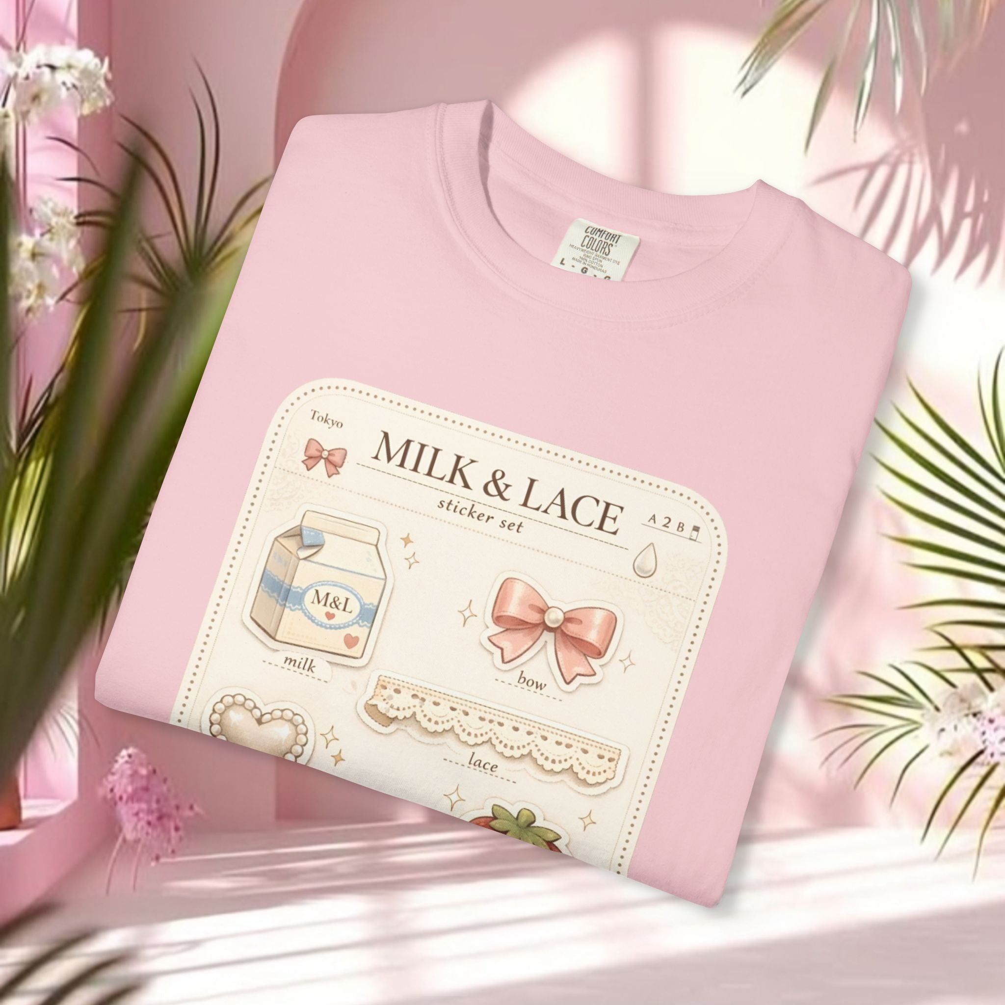 Milk & Lace Cute Pastel Sticker Tee — Strawberry Tea Graphic T-Shirt