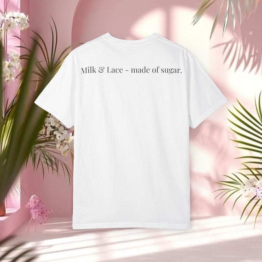 Bow Graphic T‑Shirt — "Milk & Lace — made of sugar." Back Text Tee