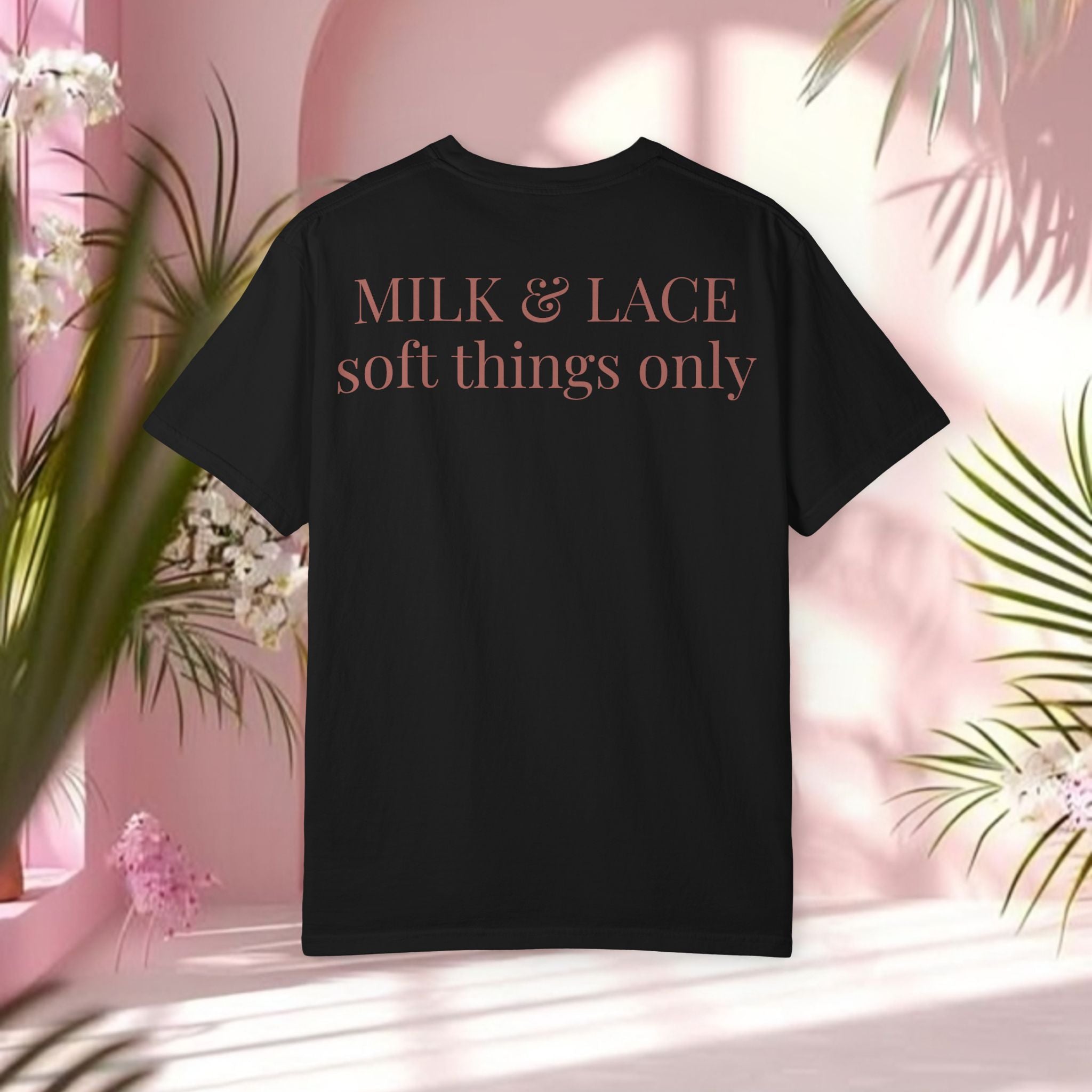 Milk & Lace Graphic T-Shirt — 'Soft Things Only' Romantic Bow Tee