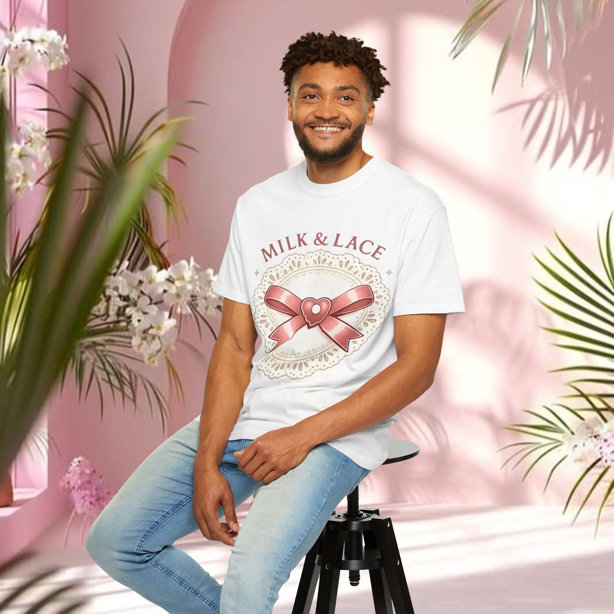 Milk & Lace Graphic T-Shirt — 'Soft Things Only' Romantic Bow Tee