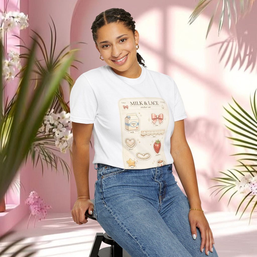 Milk & Lace Cute Pastel Sticker Tee — Strawberry Tea Graphic T-Shirt