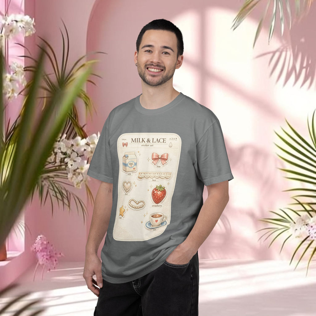 Milk & Lace Cute Pastel Sticker Tee — Strawberry Tea Graphic T-Shirt