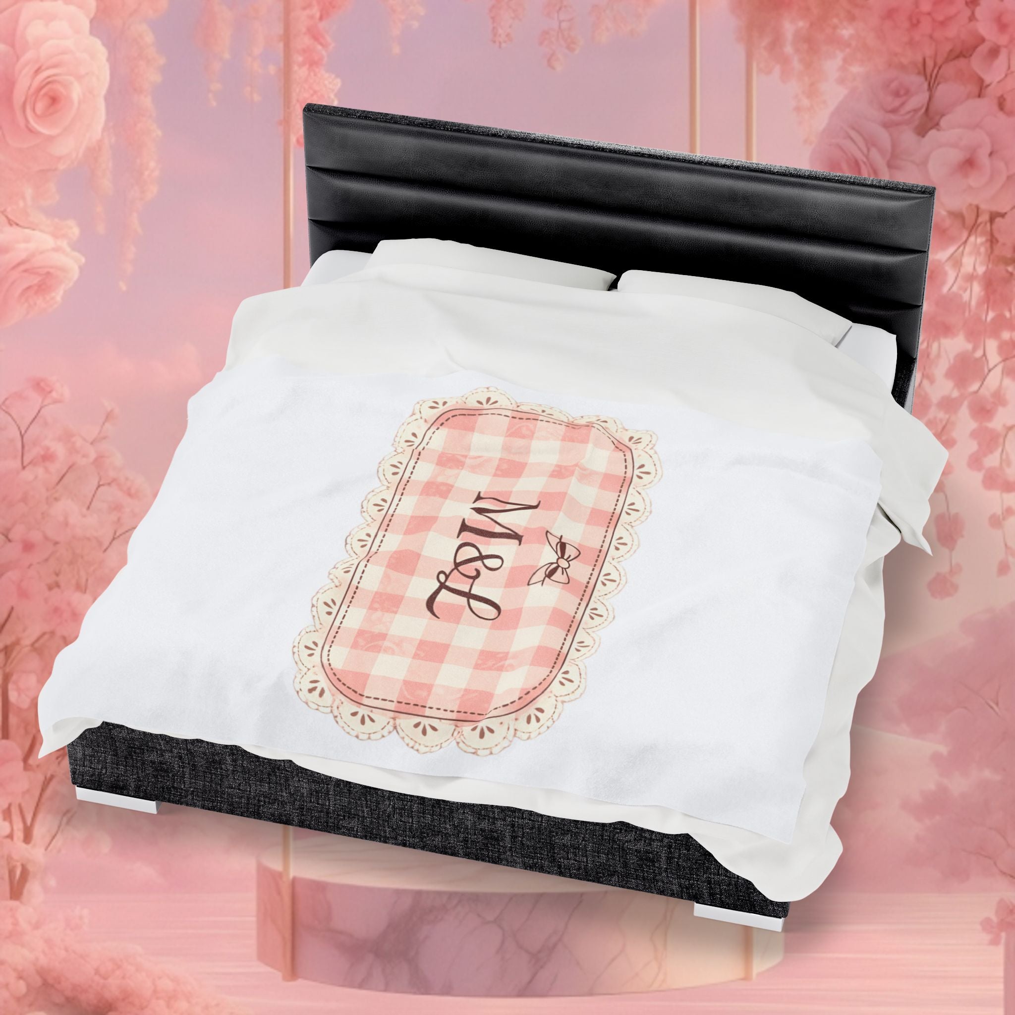 Pink Gingham Monogram Velveteen Plush Blanket