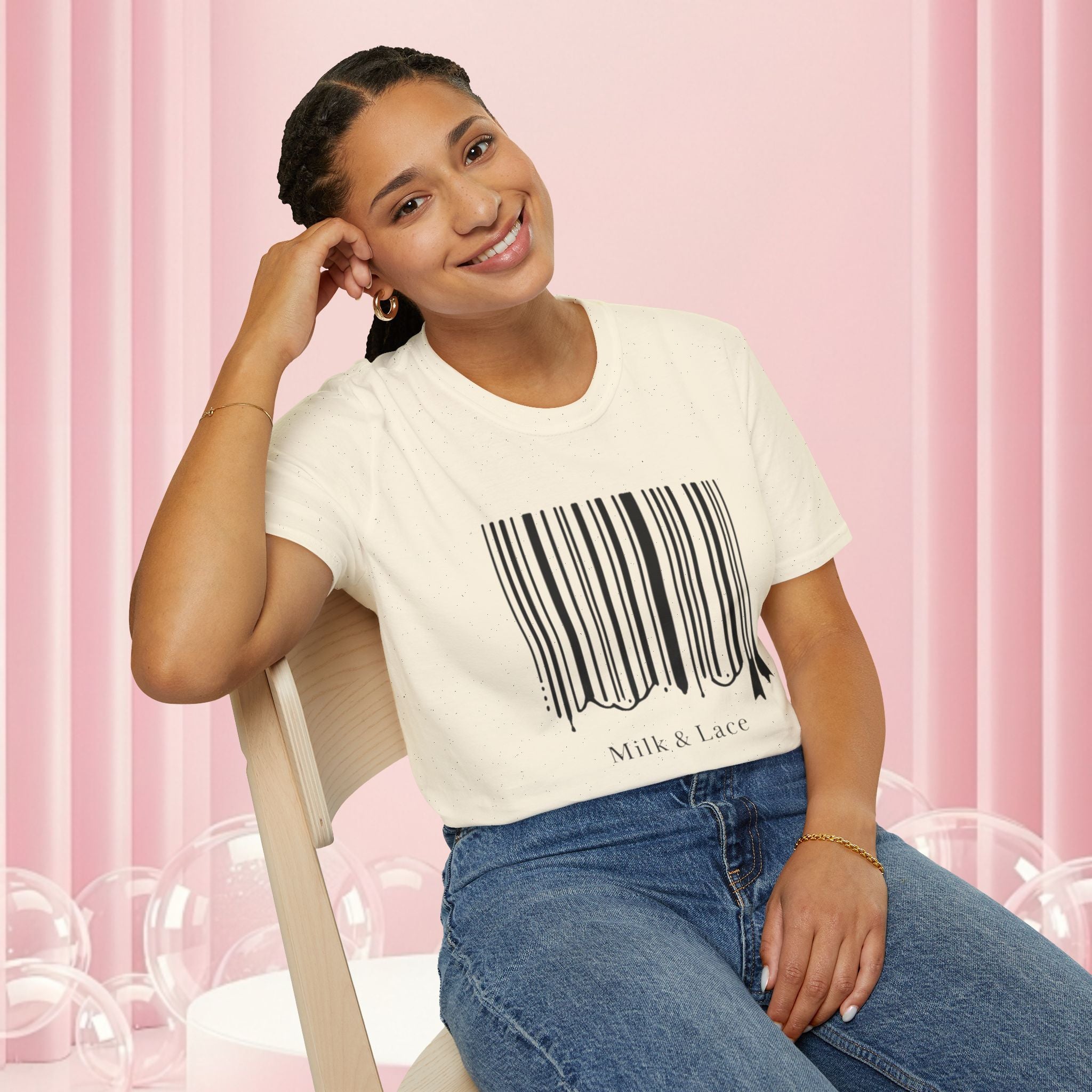 Milk & Lace Barcode Tee — “Delicate, Not Harmless.” Graphic T-Shirt