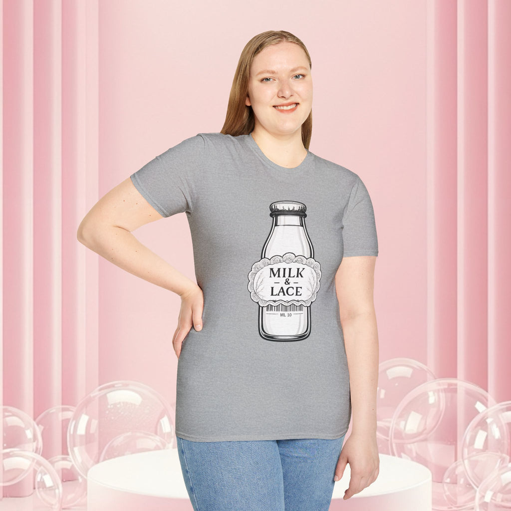 Milk & Lace T-Shirt — Vintage Milk Bottle Graphic with “Milk doesn't blush.” Back Text