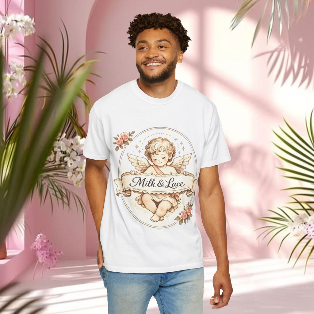 Angel Cherub Tee — "Milk & Lace" Vintage Floral Graphic T-Shirt