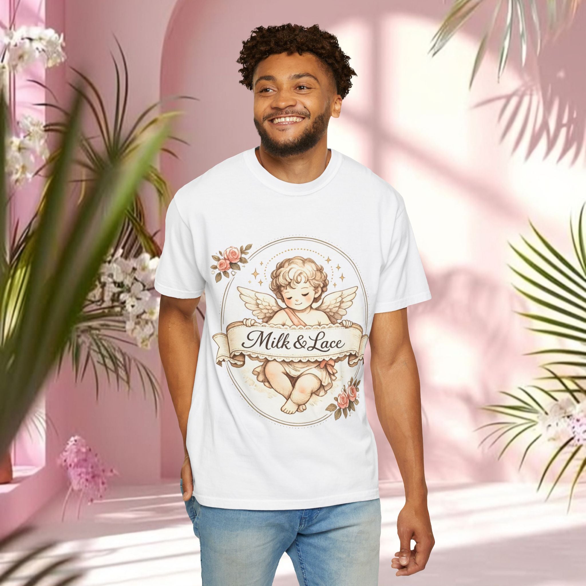 Angel Cherub Tee — "Milk & Lace" Vintage Floral Graphic T-Shirt