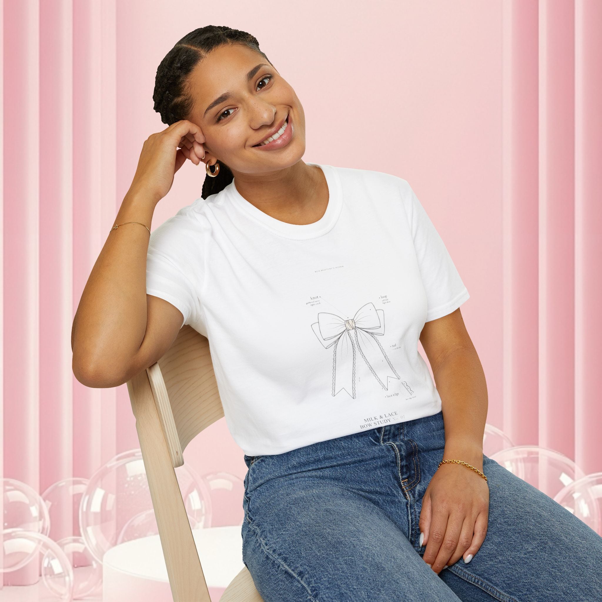 Minimal Bow Graphic T-Shirt — Delicate Ribbon Illustration with Subtle Back Text — Casual Feminine Tee