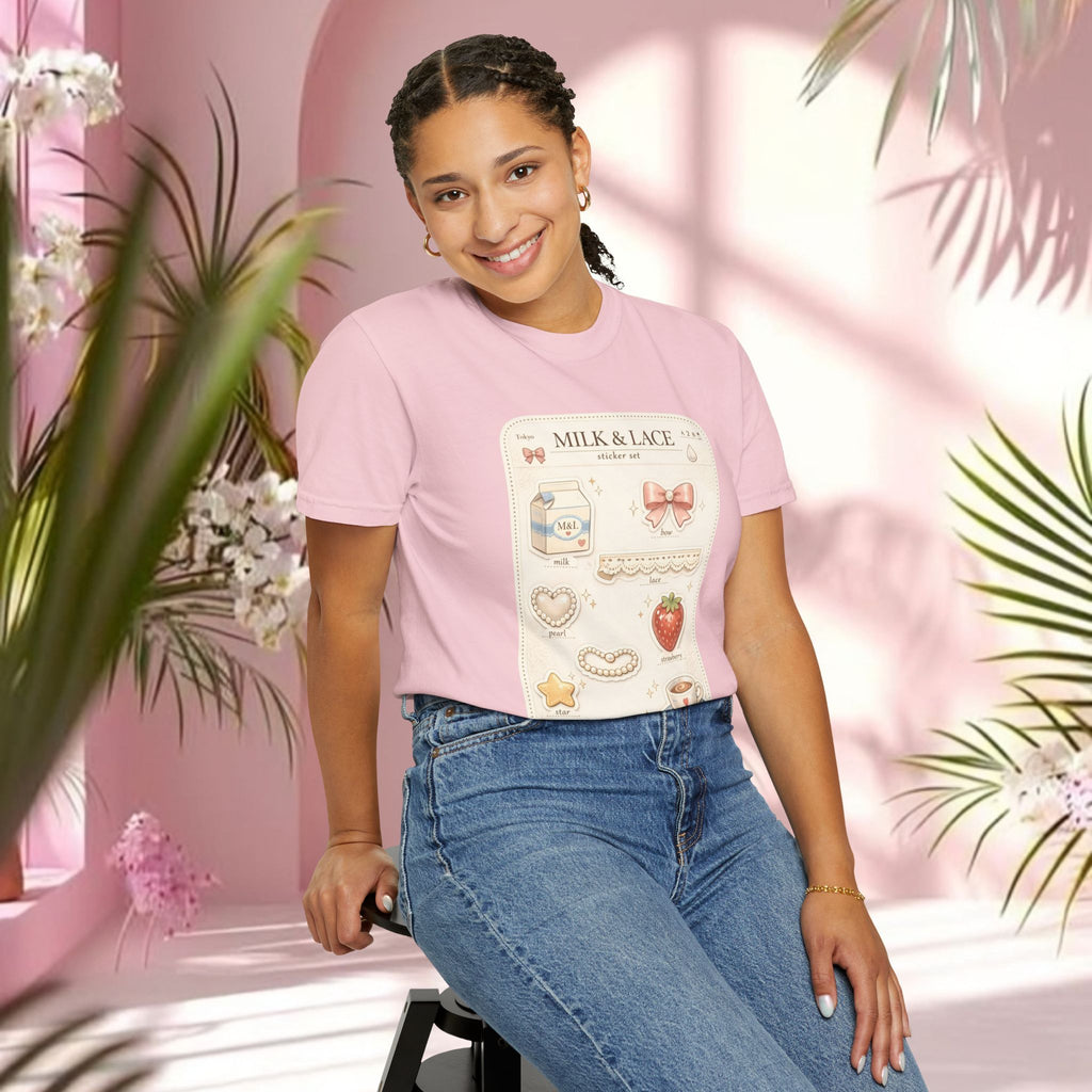 Milk & Lace Cute Pastel Sticker Tee — Strawberry Tea Graphic T-Shirt