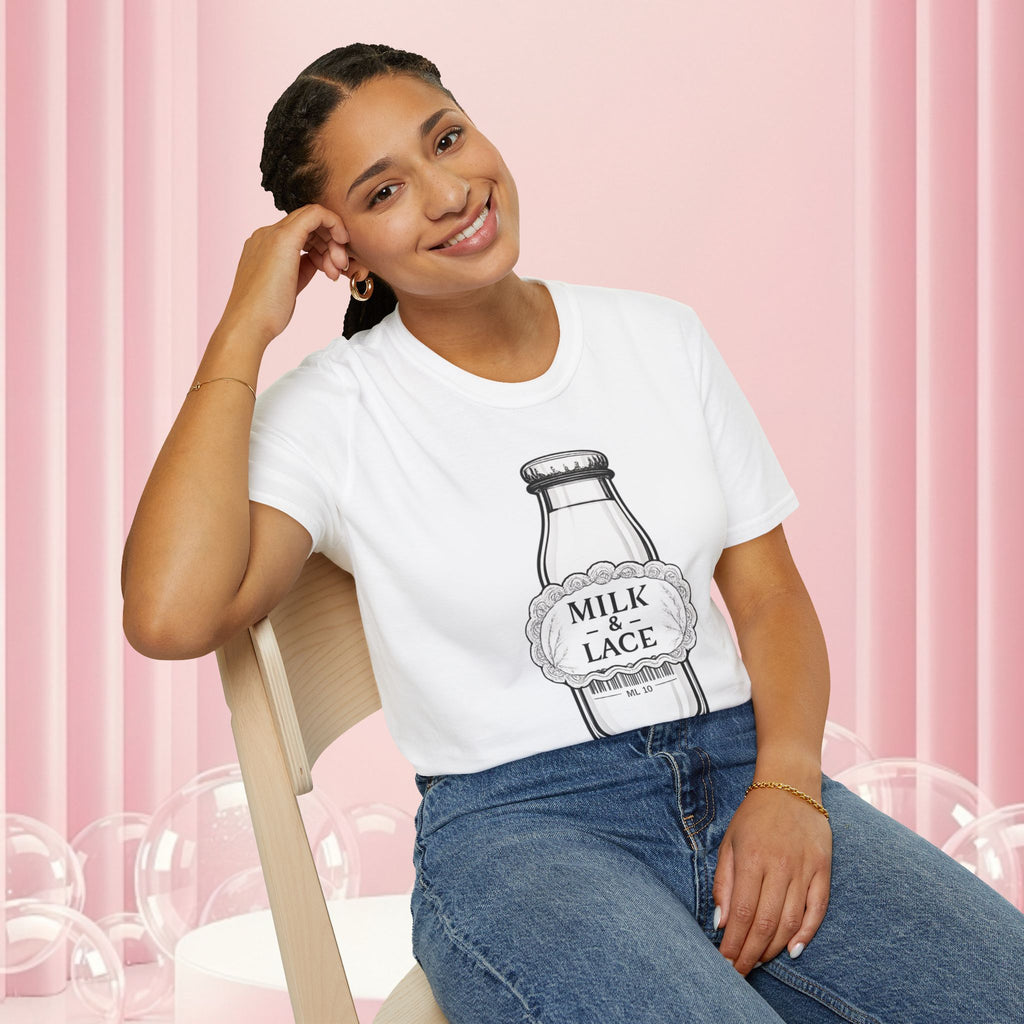 Milk & Lace T-Shirt — Vintage Milk Bottle Graphic with “Milk doesn't blush.” Back Text