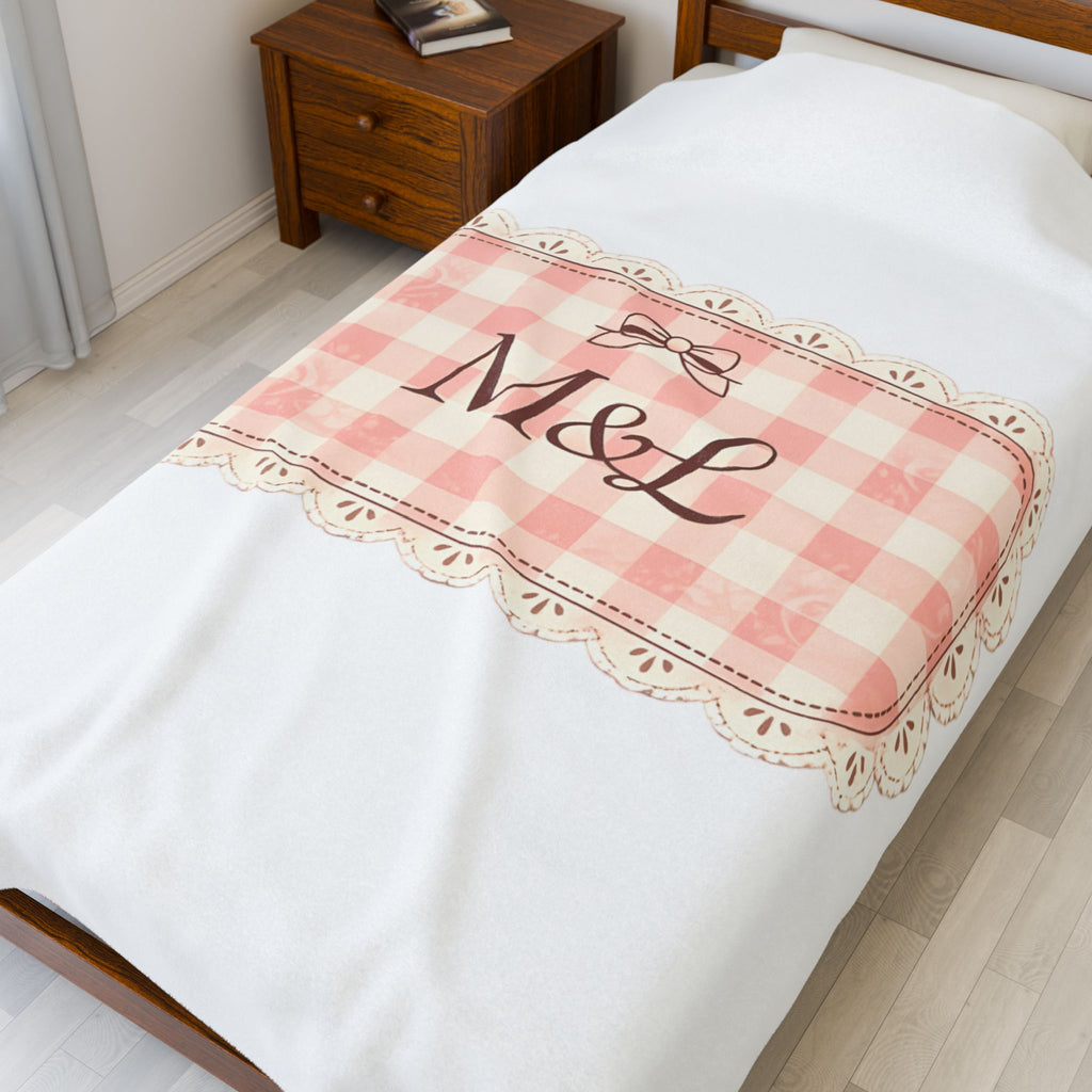 Pink Gingham Monogram Velveteen Plush Blanket