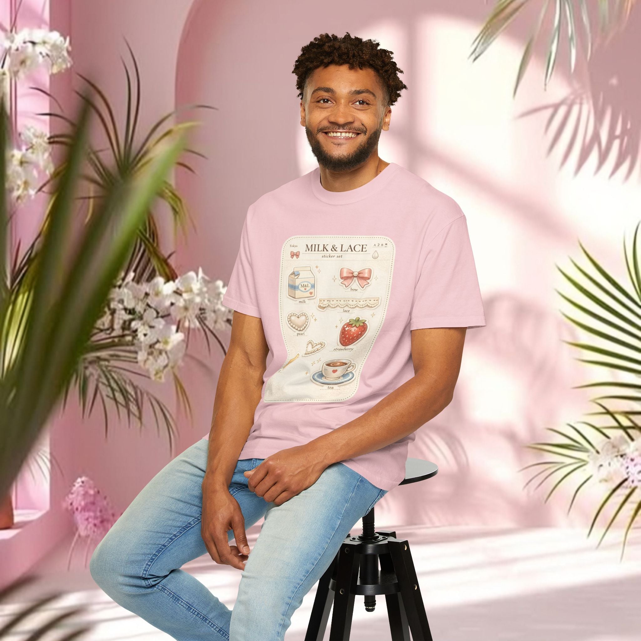 Milk & Lace Cute Pastel Sticker Tee — Strawberry Tea Graphic T-Shirt