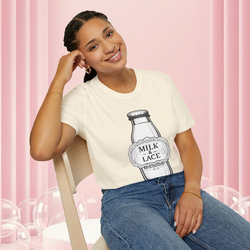 Milk & Lace T-Shirt — Vintage Milk Bottle Graphic with “Milk doesn't blush.” Back Text