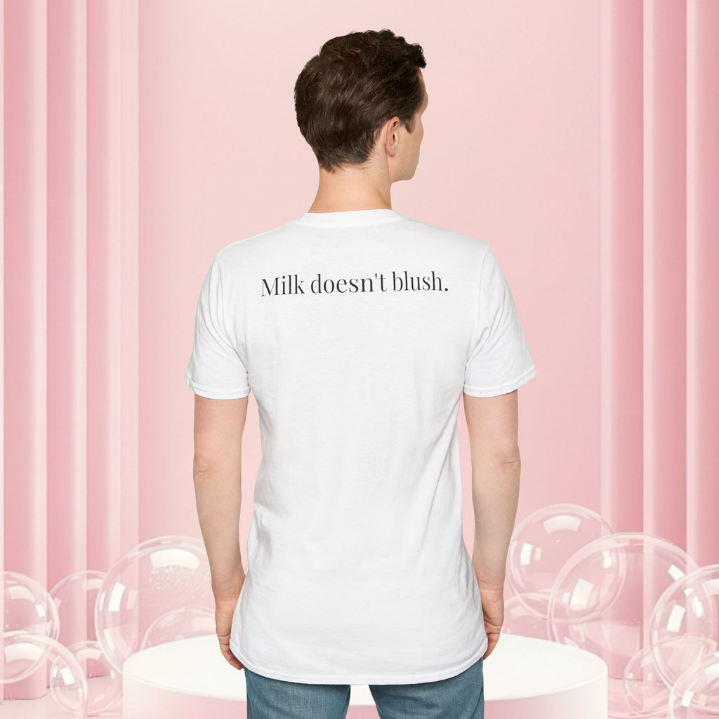 Milk & Lace T-Shirt — Vintage Milk Bottle Graphic with “Milk doesn't blush.” Back Text