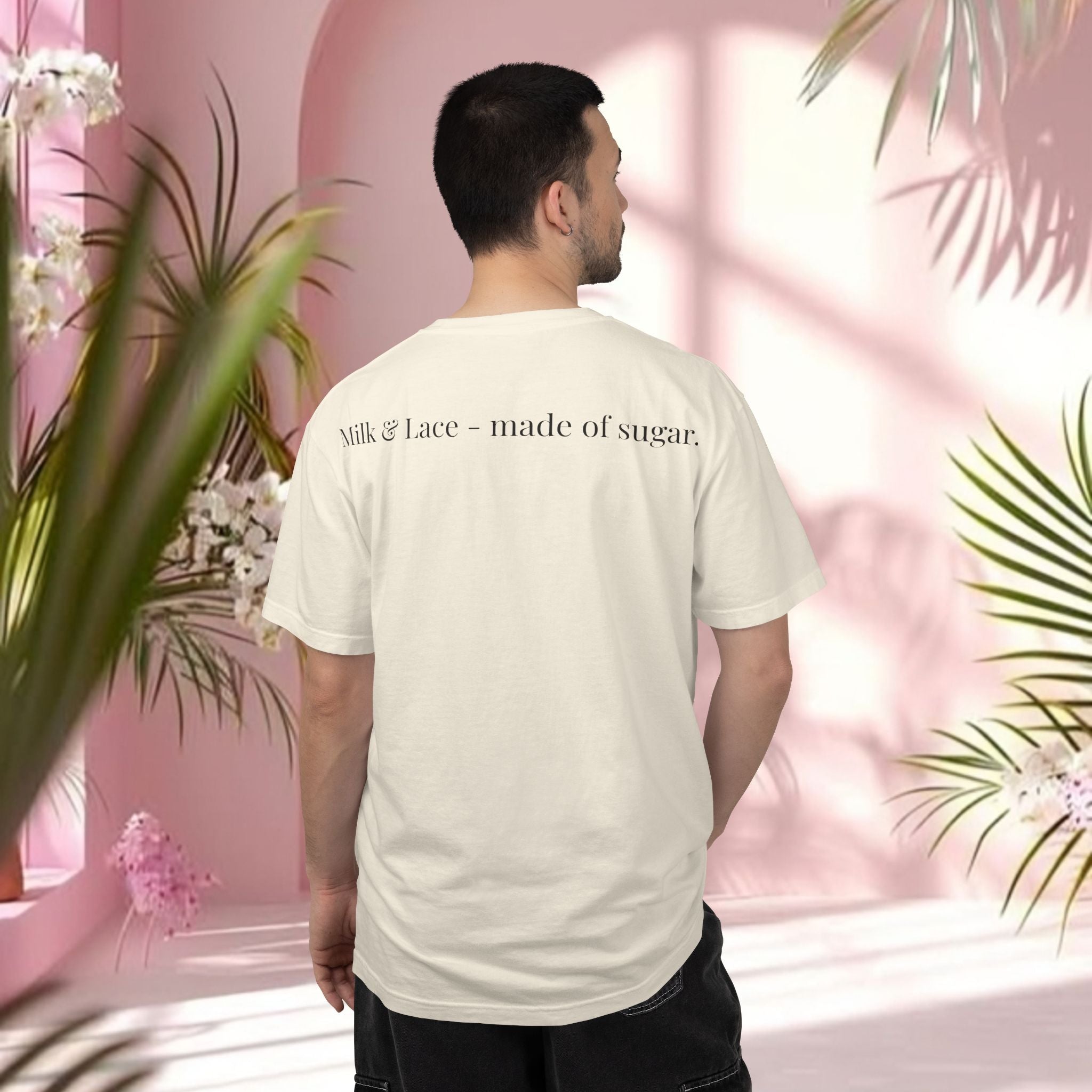 Bow Graphic T‑Shirt — "Milk & Lace — made of sugar." Back Text Tee