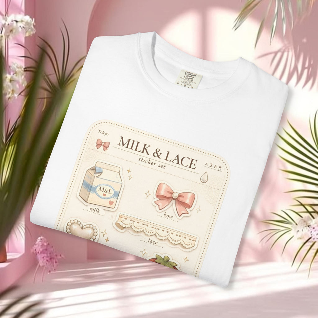 Milk & Lace Cute Pastel Sticker Tee — Strawberry Tea Graphic T-Shirt