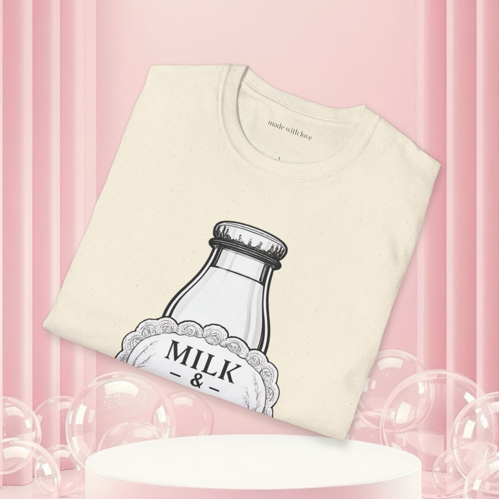 Milk & Lace T-Shirt — Vintage Milk Bottle Graphic with “Milk doesn't blush.” Back Text