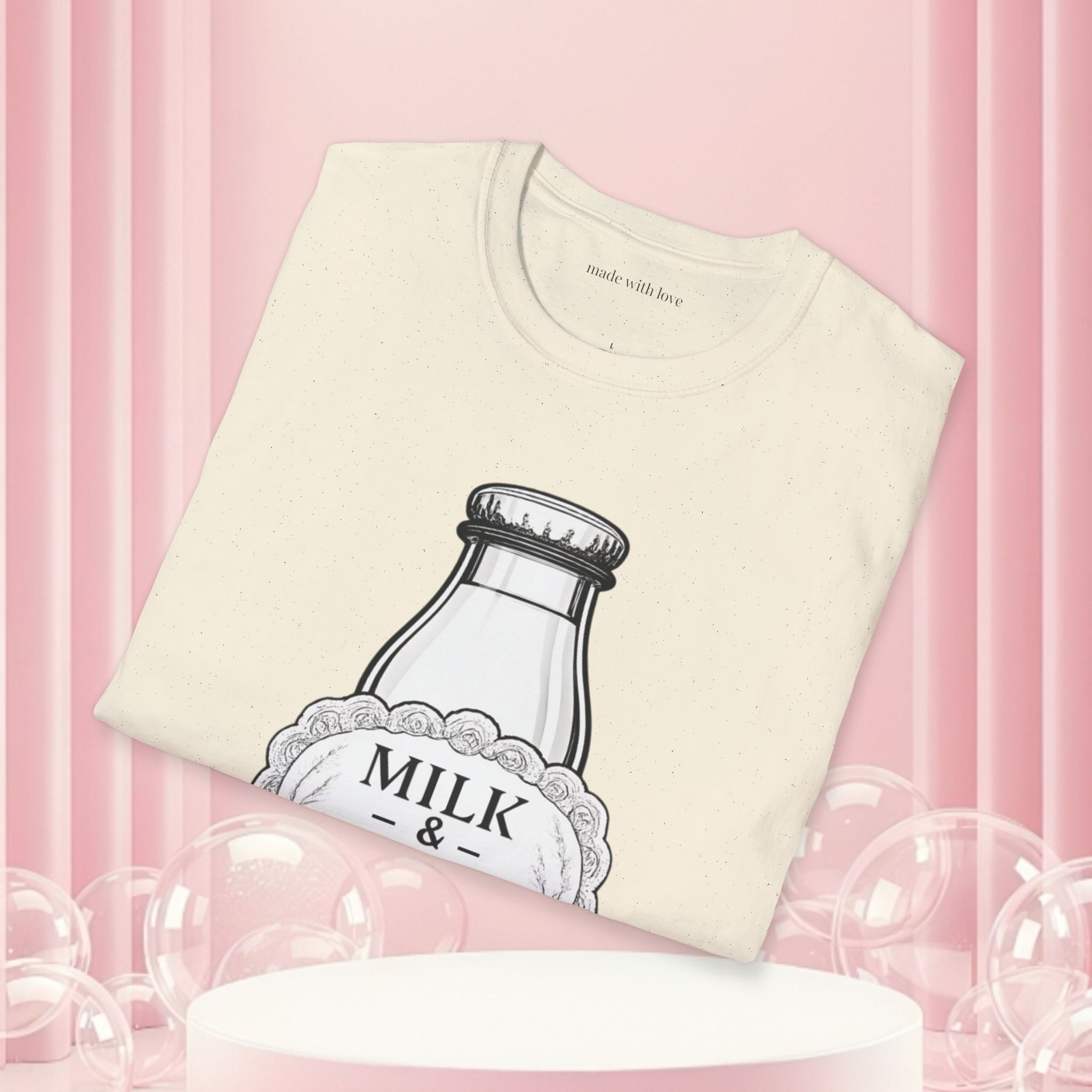 Milk & Lace T-Shirt — Vintage Milk Bottle Graphic with “Milk doesn't blush.” Back Text