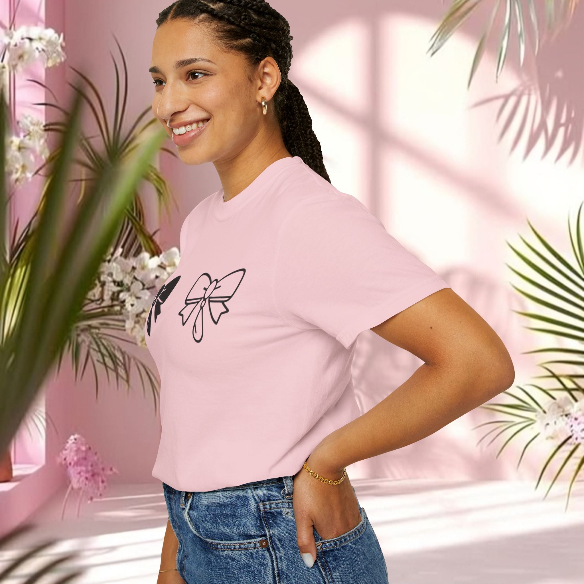 Bow Graphic T‑Shirt — "Milk & Lace — made of sugar." Back Text Tee