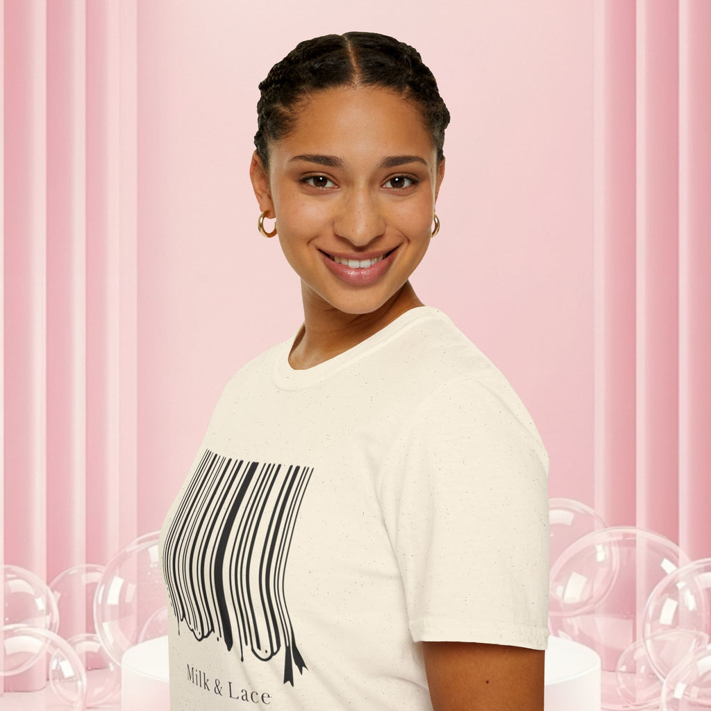 Milk & Lace Barcode Tee — “Delicate, Not Harmless.” Graphic T-Shirt