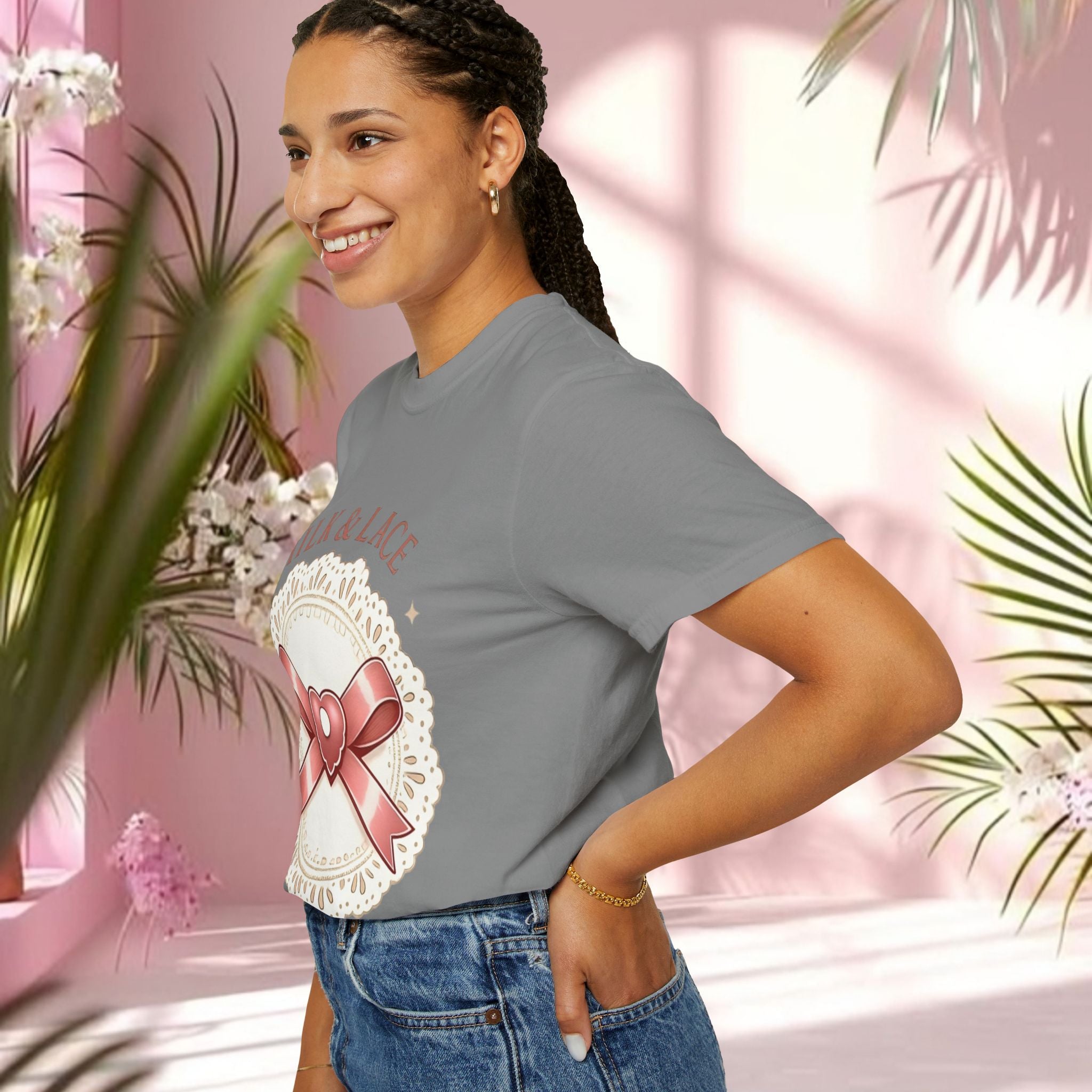 Milk & Lace Graphic T-Shirt — 'Soft Things Only' Romantic Bow Tee