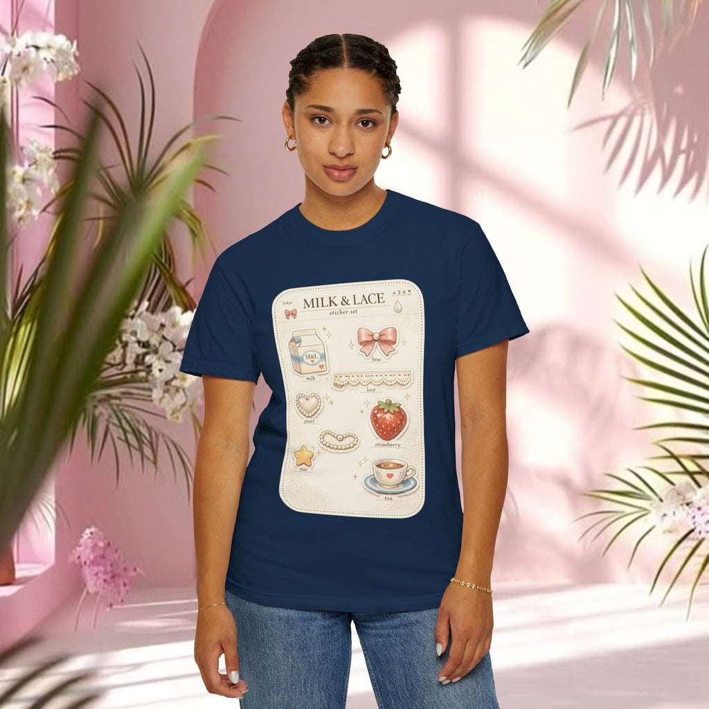 Milk & Lace Cute Pastel Sticker Tee — Strawberry Tea Graphic T-Shirt