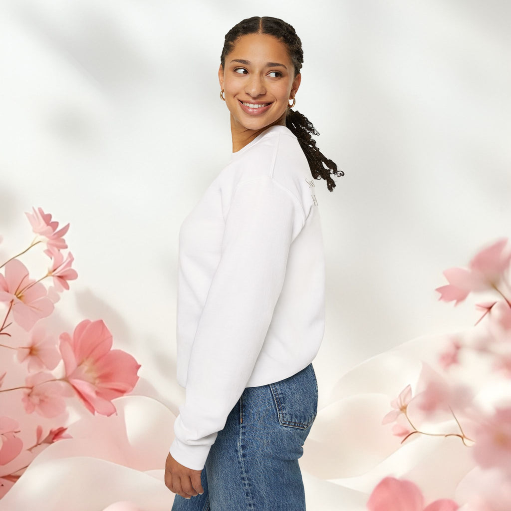 Crewneck Sweatshirt — Soft Cream Lace Drop Design (“Made of Cake”)