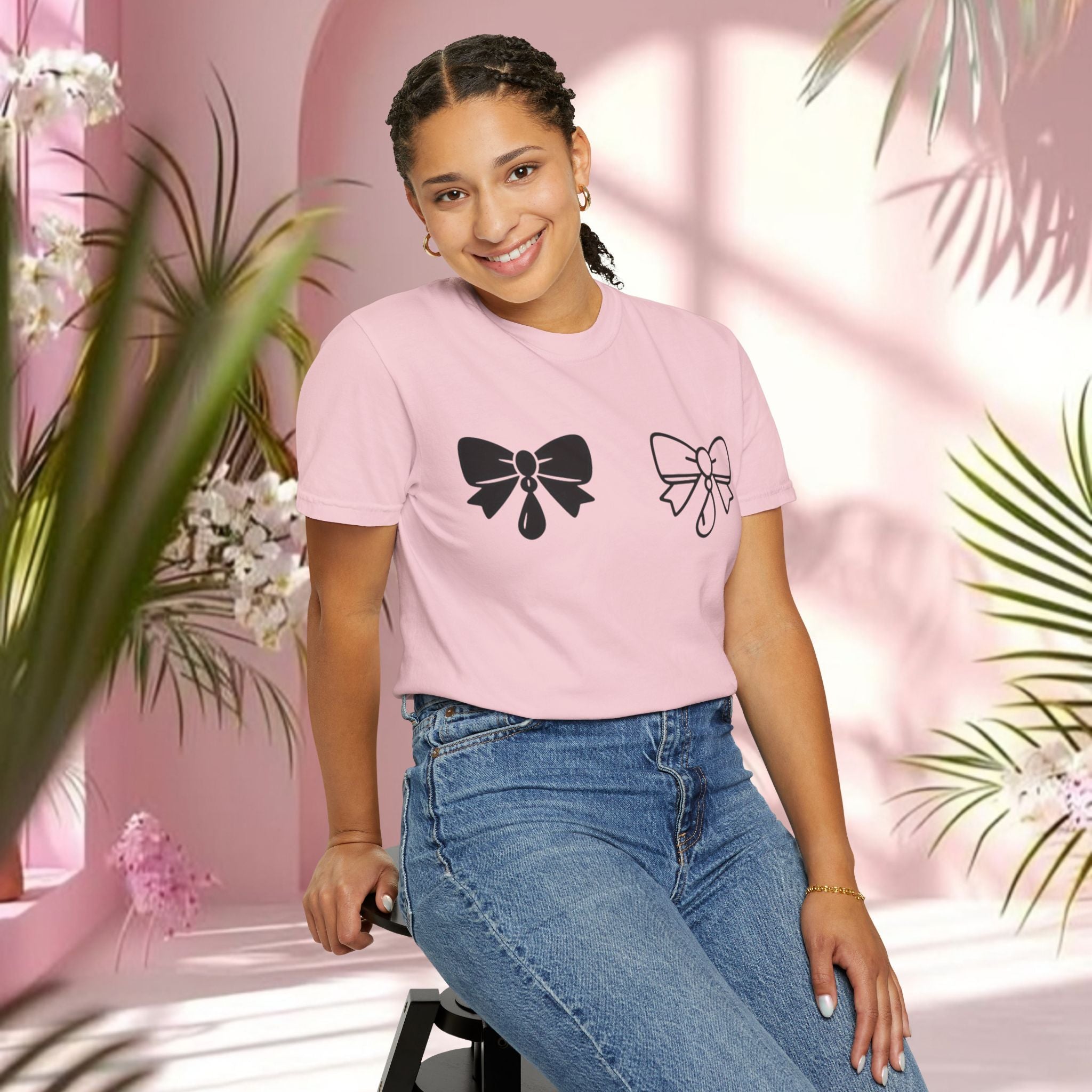 Bow Graphic T‑Shirt — "Milk & Lace — made of sugar." Back Text Tee