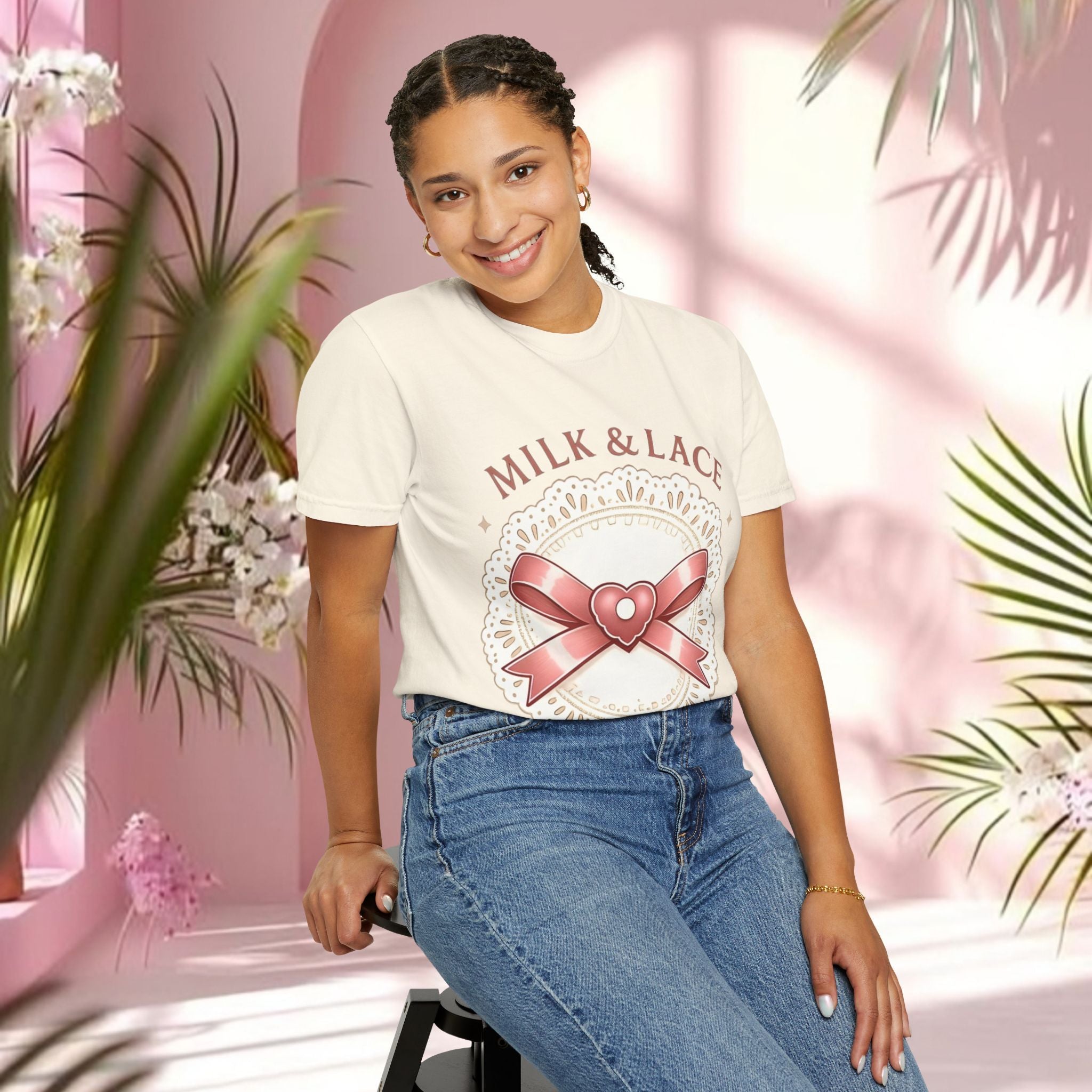 Milk & Lace Graphic T-Shirt — 'Soft Things Only' Romantic Bow Tee