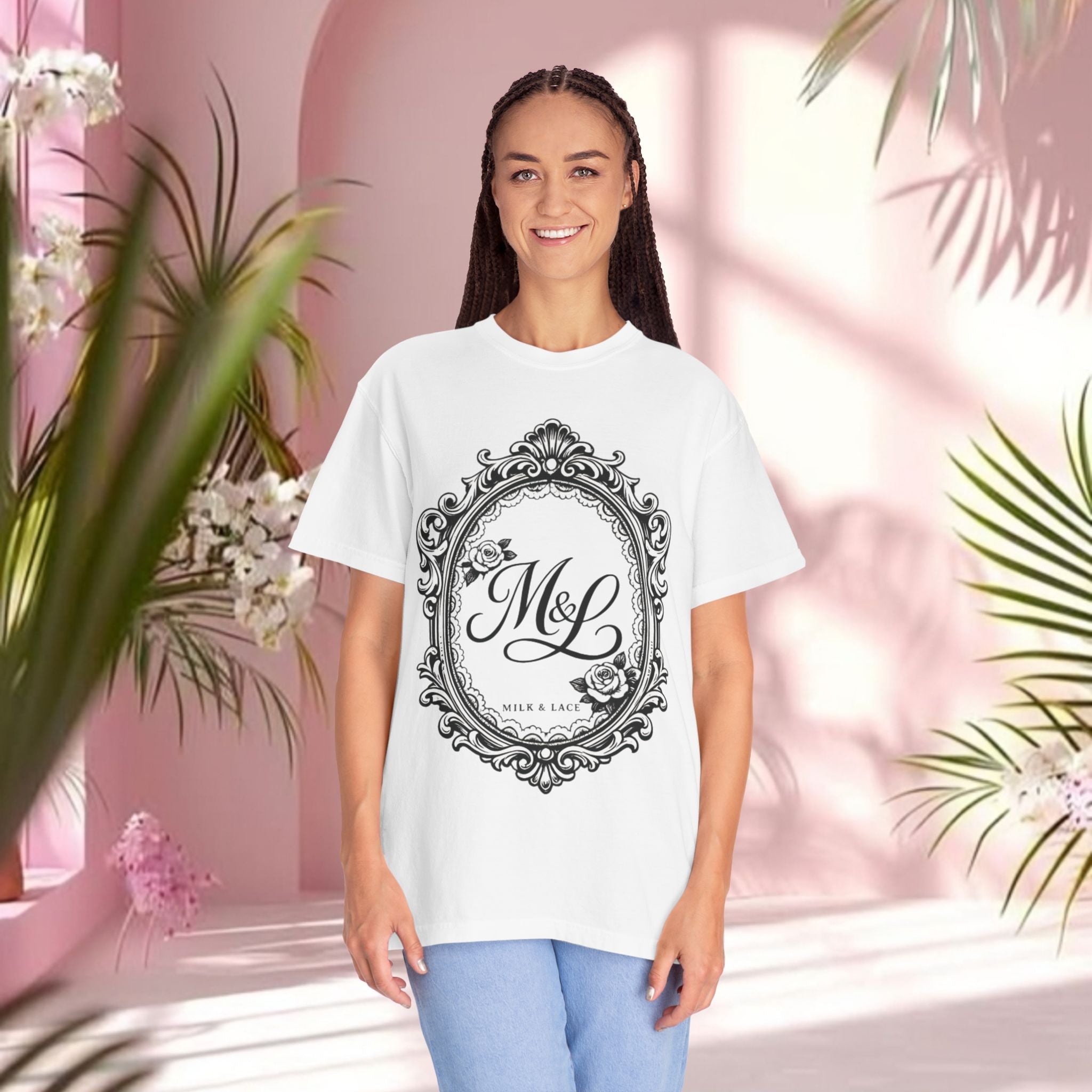 Ornate Monogram T-Shirt — "M&L" Vintage Frame Graphic