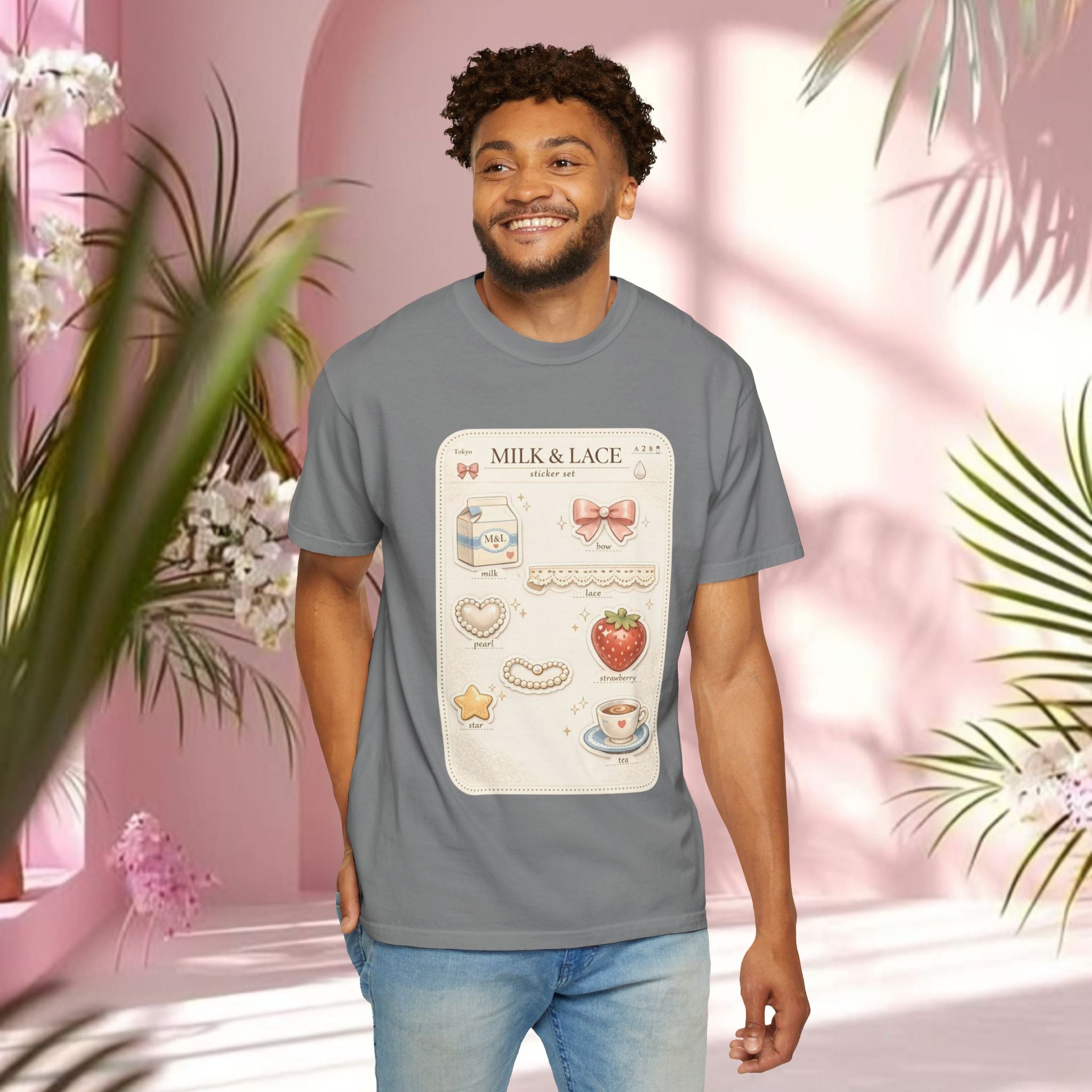 Milk & Lace Cute Pastel Sticker Tee — Strawberry Tea Graphic T-Shirt